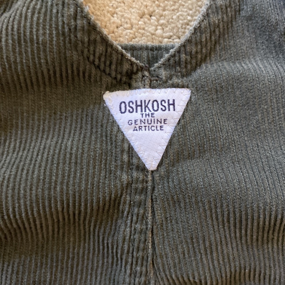 VINTAGE OSHKOSH TODDLER OLIVE GREEN CORDUROY OVERALLS BIB POCKET SIZE 18 MTHS - Picture 15 of 16